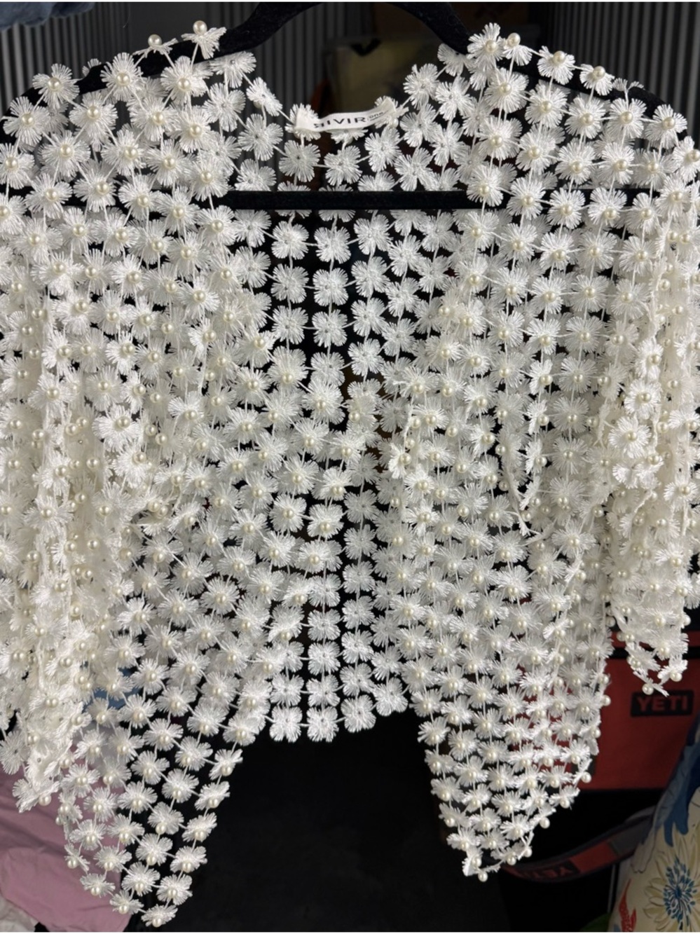 Embellished Floral Pearl Knit Shrug - White - Picture 3 of 3
